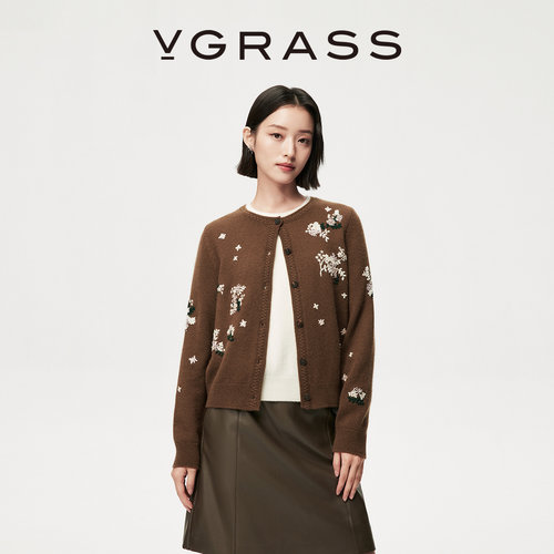 VGRASS羊毛混纺手工绣花开衫