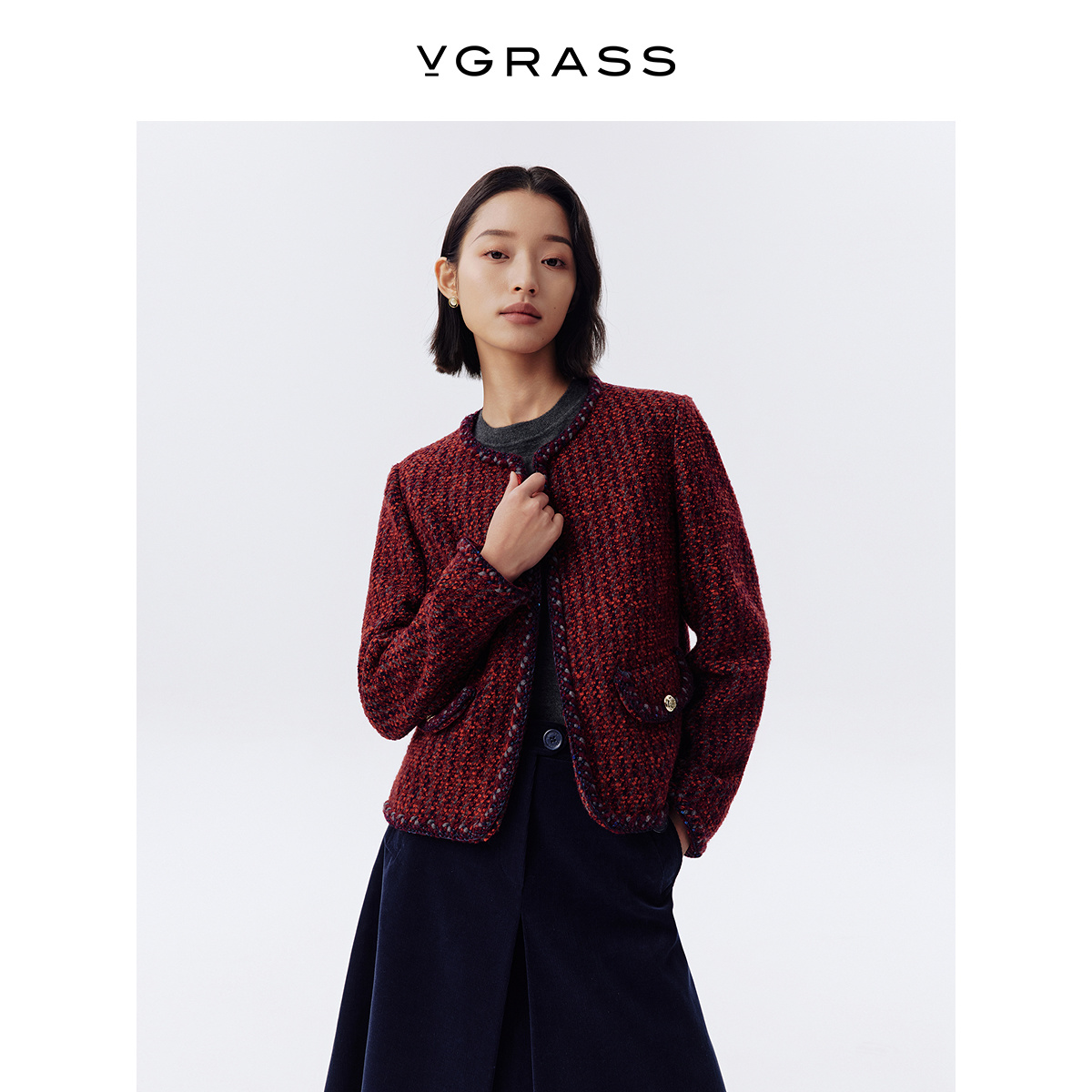 VGRASS手工花边粗花呢小香外套