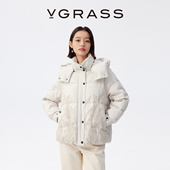 VGRASS维格娜丝冬季 蕾丝刺绣35D柔舒亚光90鹅绒可拆卸连帽羽绒服