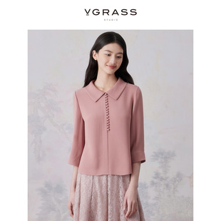 清爽七分袖 新中式 24年夏季 女装 新款 VGRASS淡色上衣篙级感真丝衬衫
