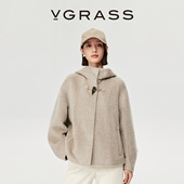休闲感大衣女 羊驼毛混纺毛呢连帽短款 皇室婴驼 VGRASS25冬新品