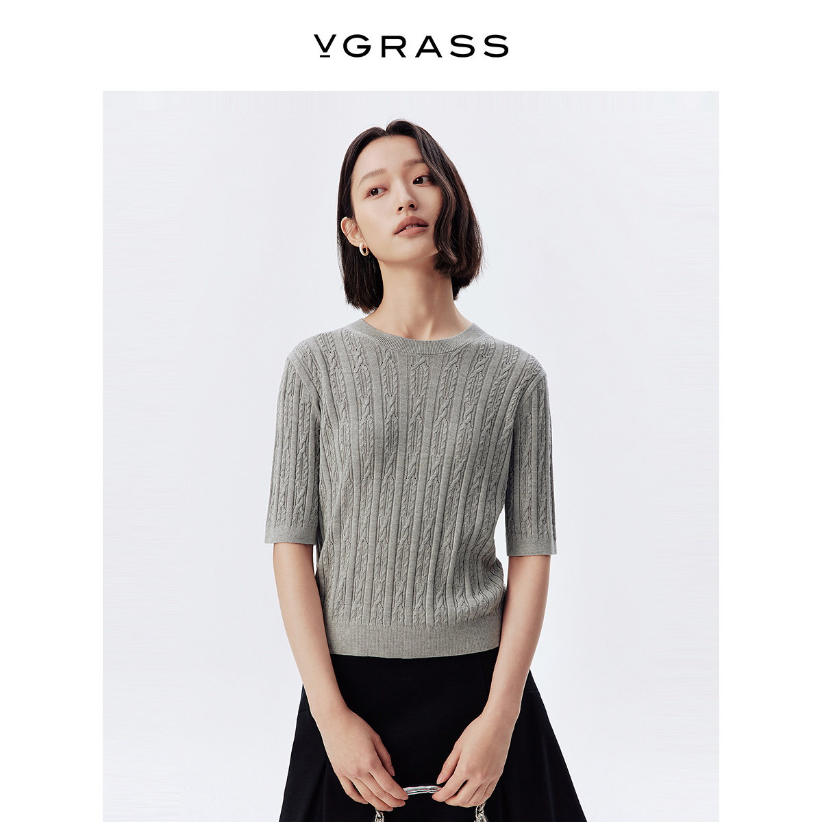 VGRASS维格娜丝春新款云朵真丝羊绒套头衫圆领五分袖复古条纹上衣