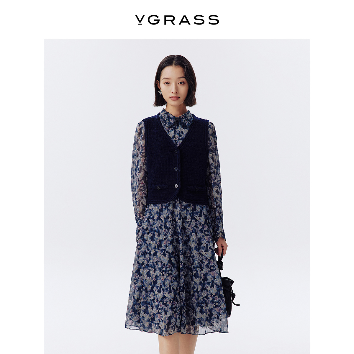 VGRASS立体绞花装饰边针织马甲