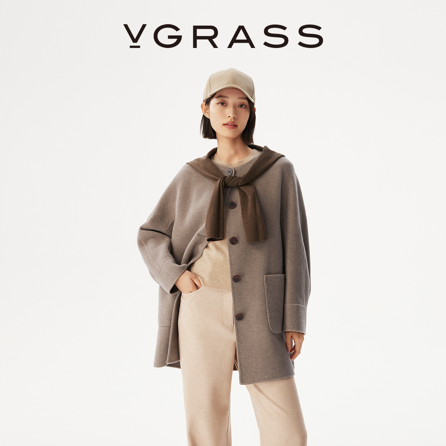 VGRASS羊毛混纺连肩袖双面呢大衣