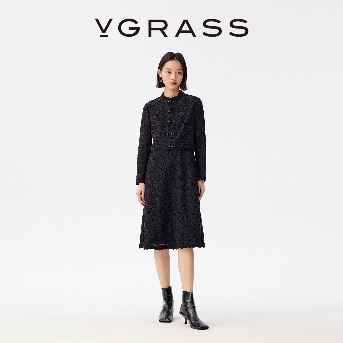 VGRASS针梭织结合连衣裙