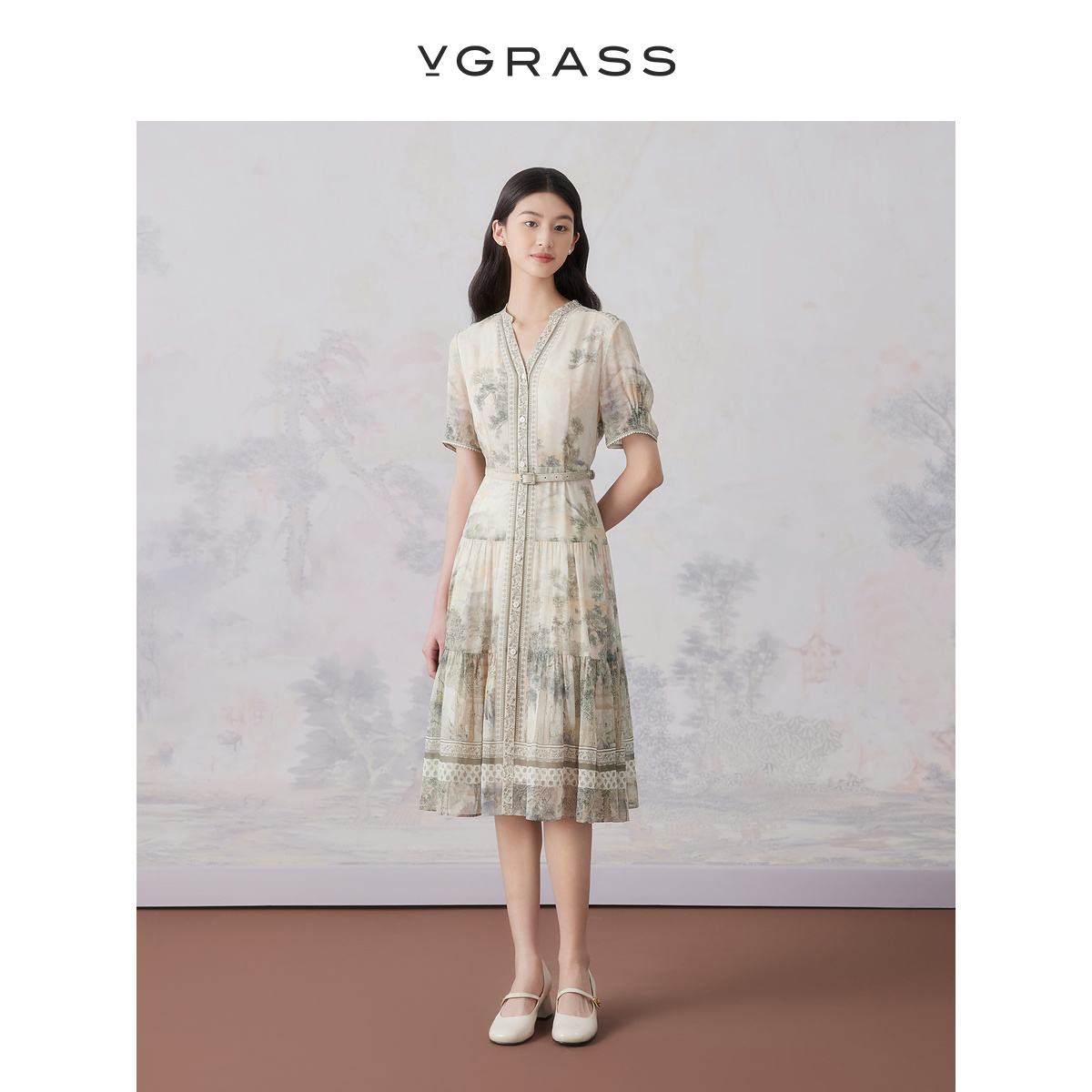 VGRASS新中式真丝印花短袖连衣裙女24夏季新款茶花系列VSL2P2259A