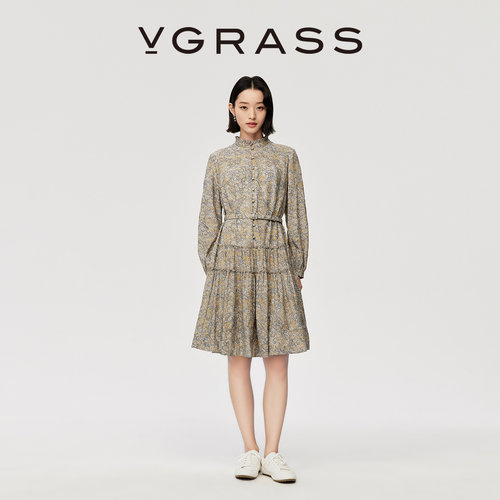 VGRASS14MM棉混纺定位印花连衣裙