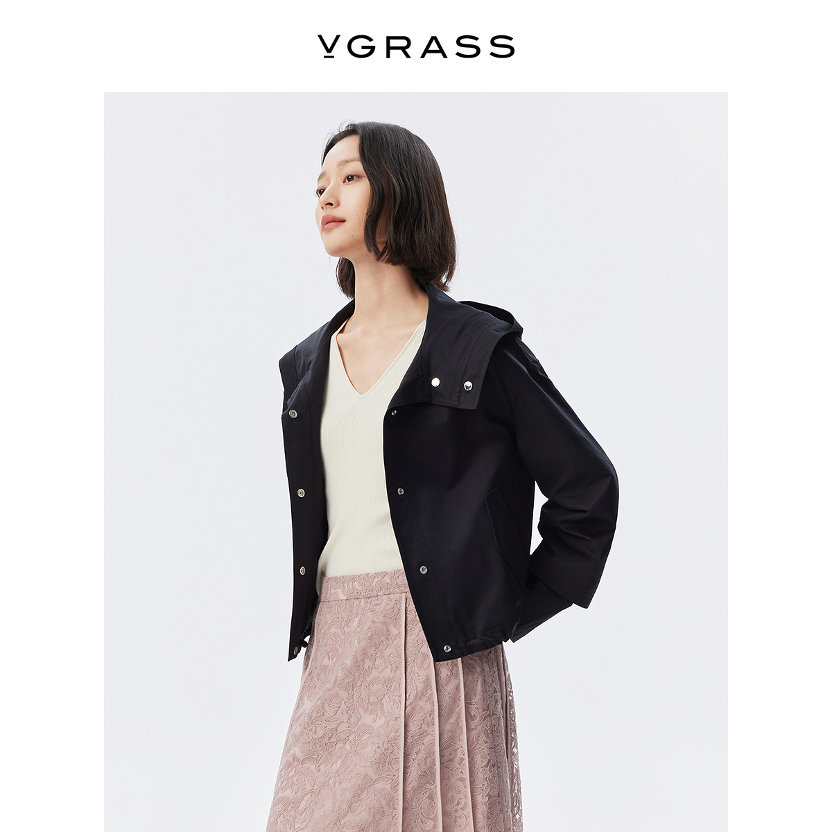 VGRASS黑色篙级感棉连帽短款外套