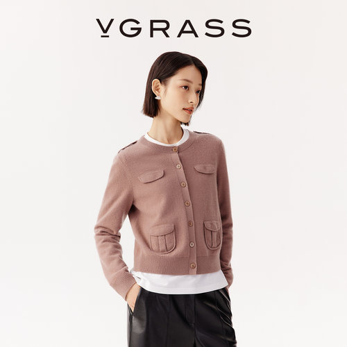 VGRASS羊绒衫多纽扣粉红针织开衫
