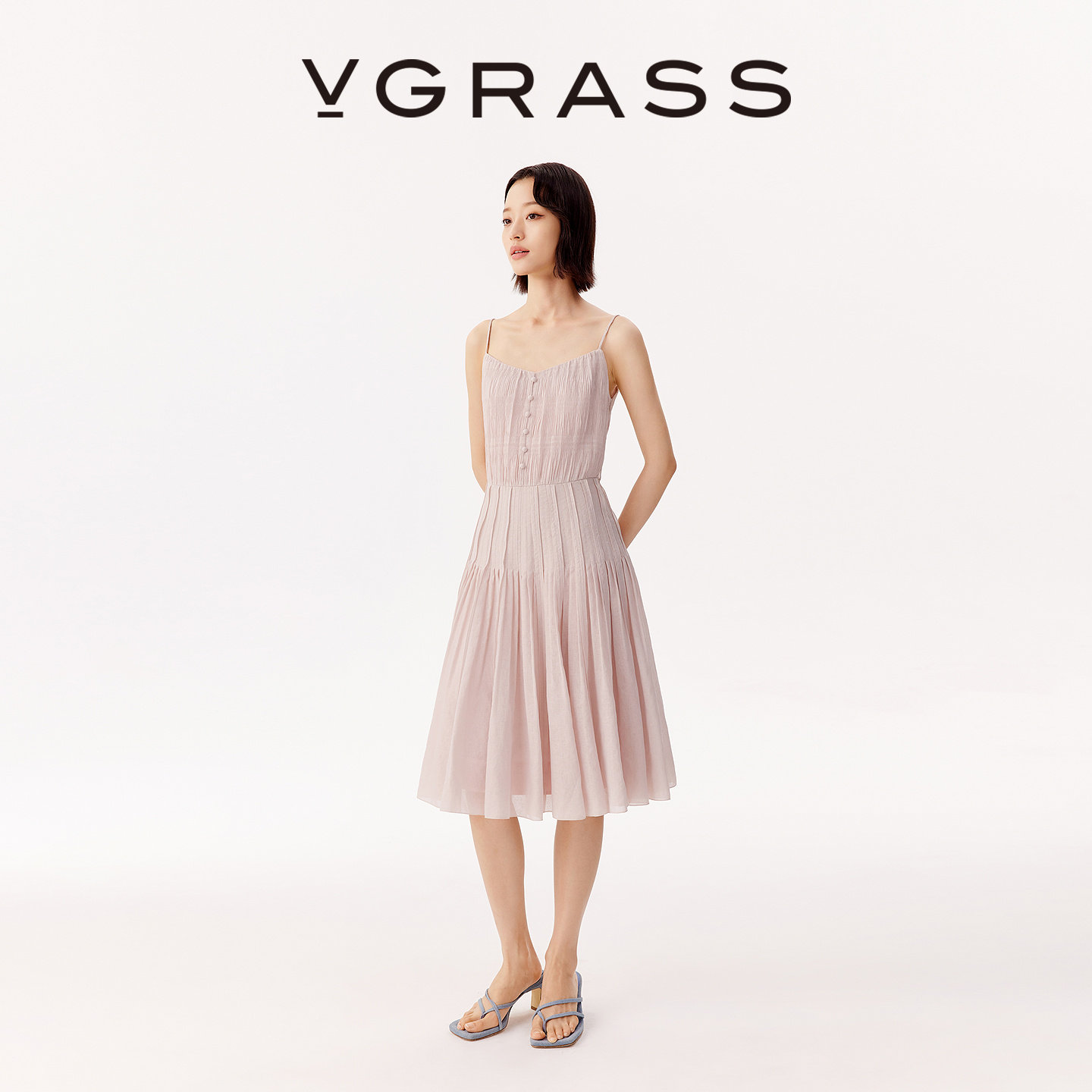 VGRASS不规则立体褶浪漫吊带长裙