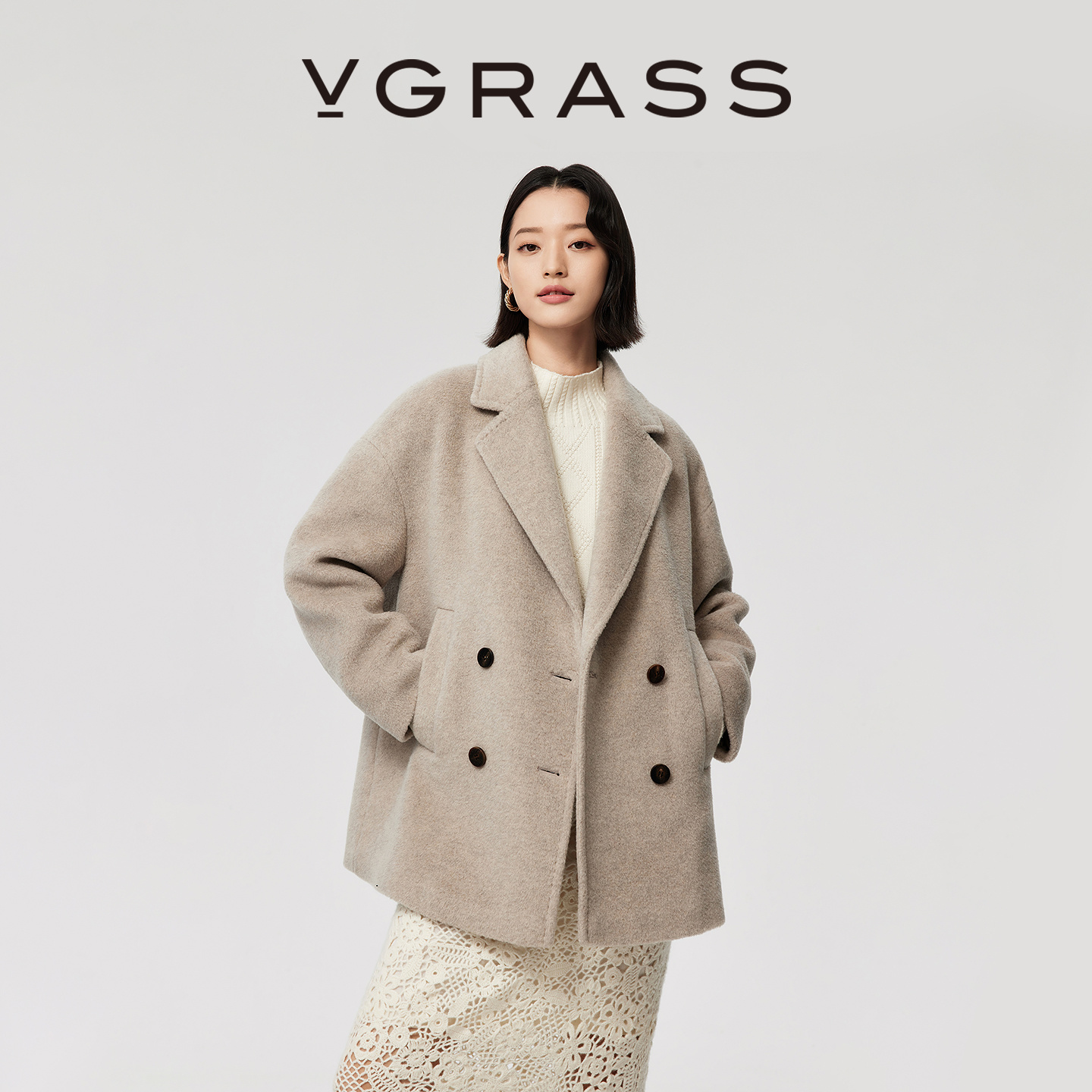 VGRASS双排扣山羊绒毛呢大衣