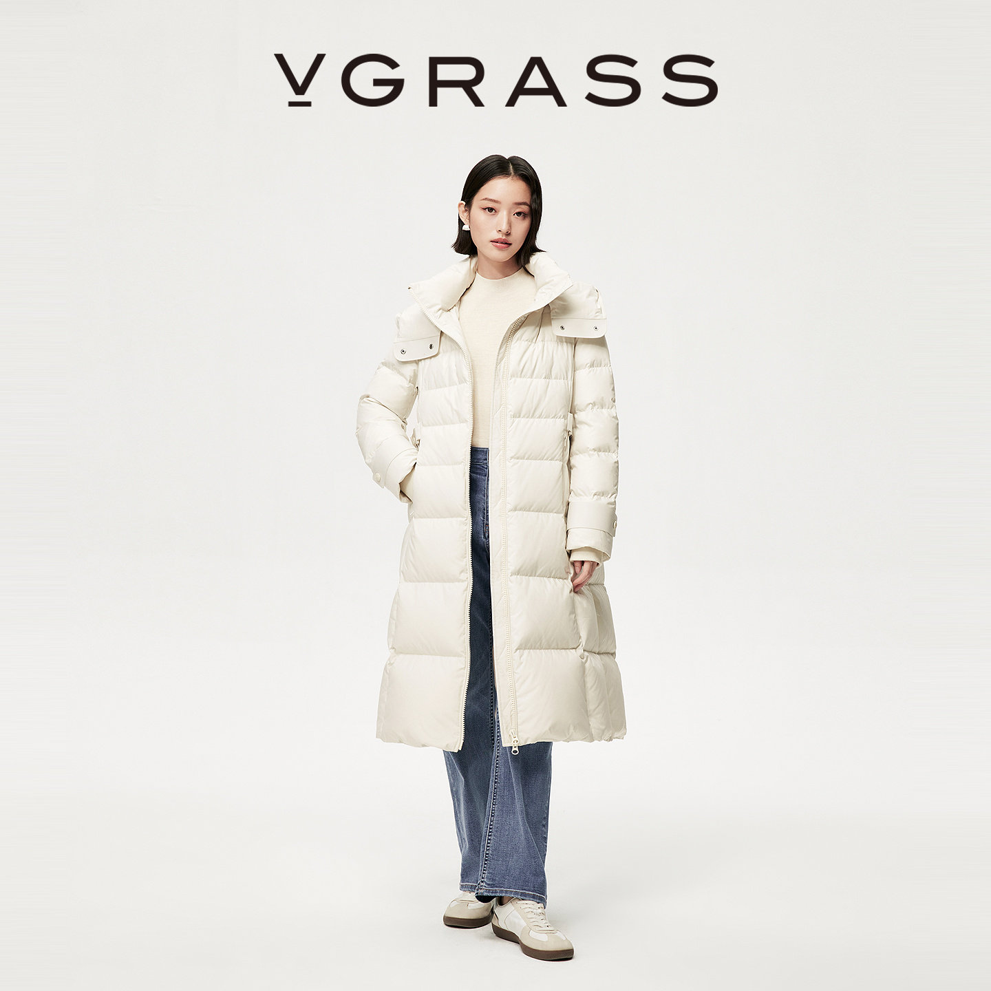 VGRASS95白鹅绒长款连帽羽绒服女