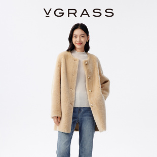 VGRASS25秋冬新款 显白优雅精致 羊毛皮毛一体毛外套皮草女中长款