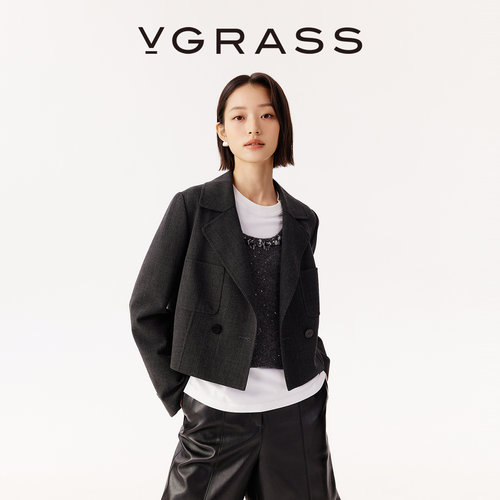VGRASS短款羊毛箱廓型西装外套女