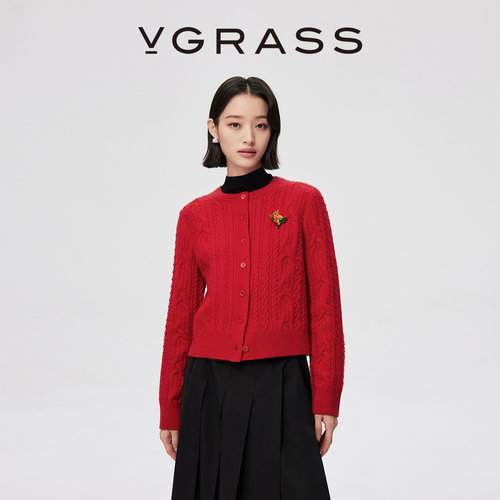 VGRASS复古绞花纹理针织开衫