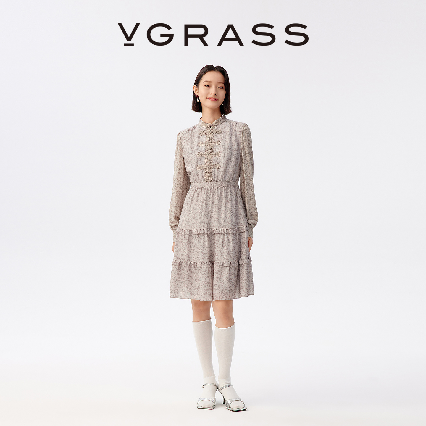 VGRASS羊毛真丝印花连衣裙