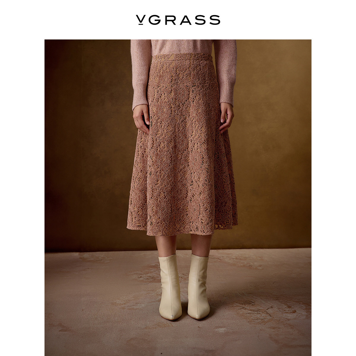 VGRASS双色股线蕾丝散摆半裙