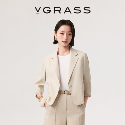 VGRASS轻度假感绣花边软西装外套