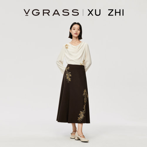 VGRASS定位珠片绣绵羊毛混纺半裙
