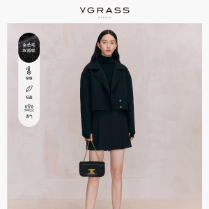 VGRASS黑色纯羊毛双面呢短外套女春季新款时髦复古经典翻领夹克