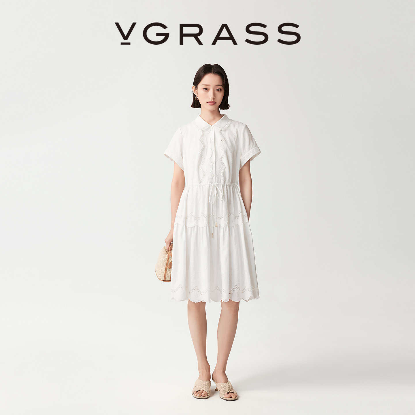 VGRASS镂空刺绣连衣裙