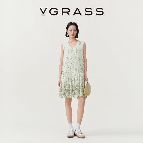 VGRASS棉混纺V领无袖连衣裙