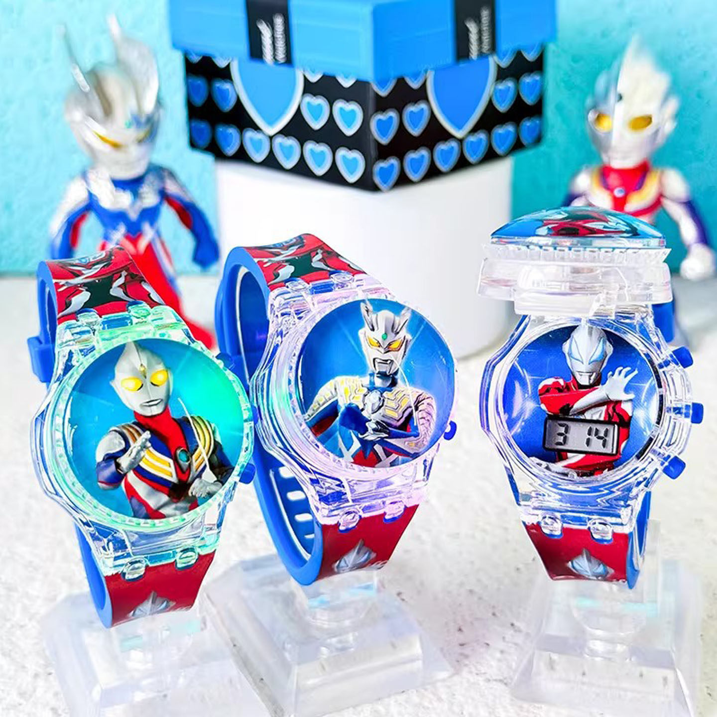 儿童卡通翻盖玩具表男女孩子奥特英雄旋转陀螺发光音乐电子表礼物