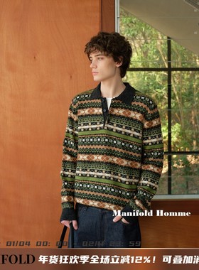 Manifold｜100%美丽诺羊毛费尔岛提花老钱风圣诞绿Polo衫毛衣
