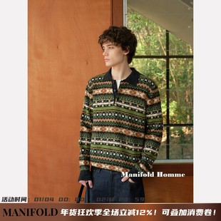 Manifold｜100%美丽诺羊毛费尔岛提花老钱风圣诞绿Polo衫毛衣