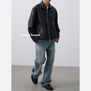 Manifold|意大利进口绵羊皮肌理翻领机车双拉链皮衣夹克外套