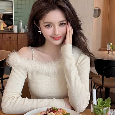 高级感白色毛领斜肩针织