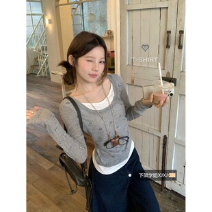 小众设计薄款 韩系独特别致假两件罩衫 上衣女夏季 2025新款 T恤 长袖