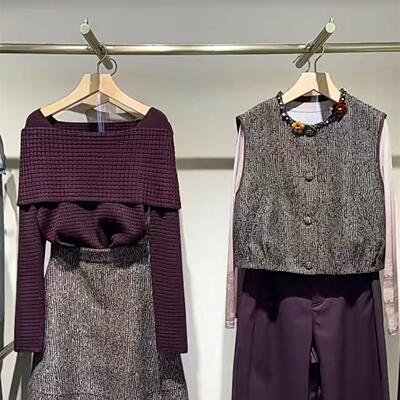 乌梅紫亮片一字肩长袖针