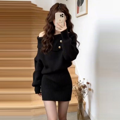法式黑色一字肩毛衣针织洋装女秋冬2026新款小个子修身包臀短裙