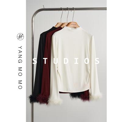 三色半高领针织衫鸵鸟毛