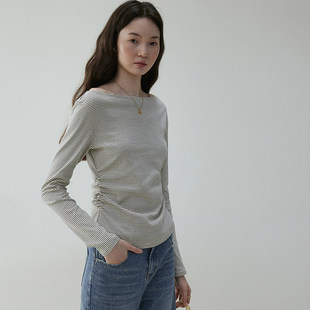 「芥末派VOOE」条纹收腰显瘦一字肩T恤女春秋季新款长袖撞色上衣