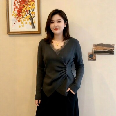 大码灰色v领蕾丝假两件毛