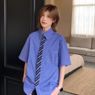 衬衫 覆古假领带高级感高智短袖 男女格子衬衣 美式 Ja1从不熬夜