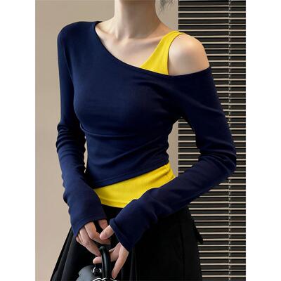 斜肩假两件露肩收腰T恤女
