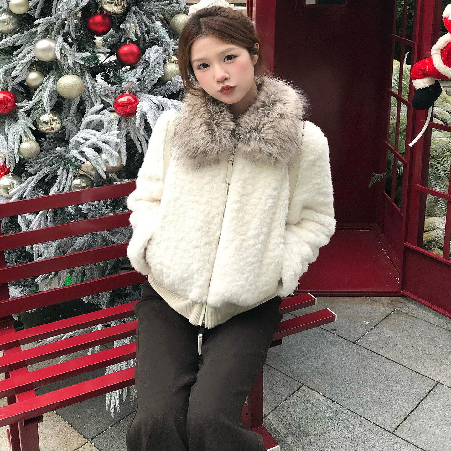 韩系大毛领白色羊羔毛外套女秋冬小个子短款加厚环保皮草毛毛上衣