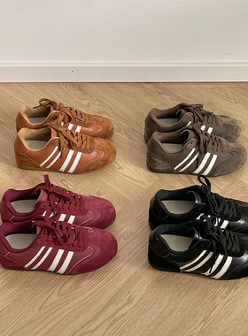 软牛皮~4CM内增高复古德训鞋女春秋美拉德百搭休闲板鞋运动阿甘鞋