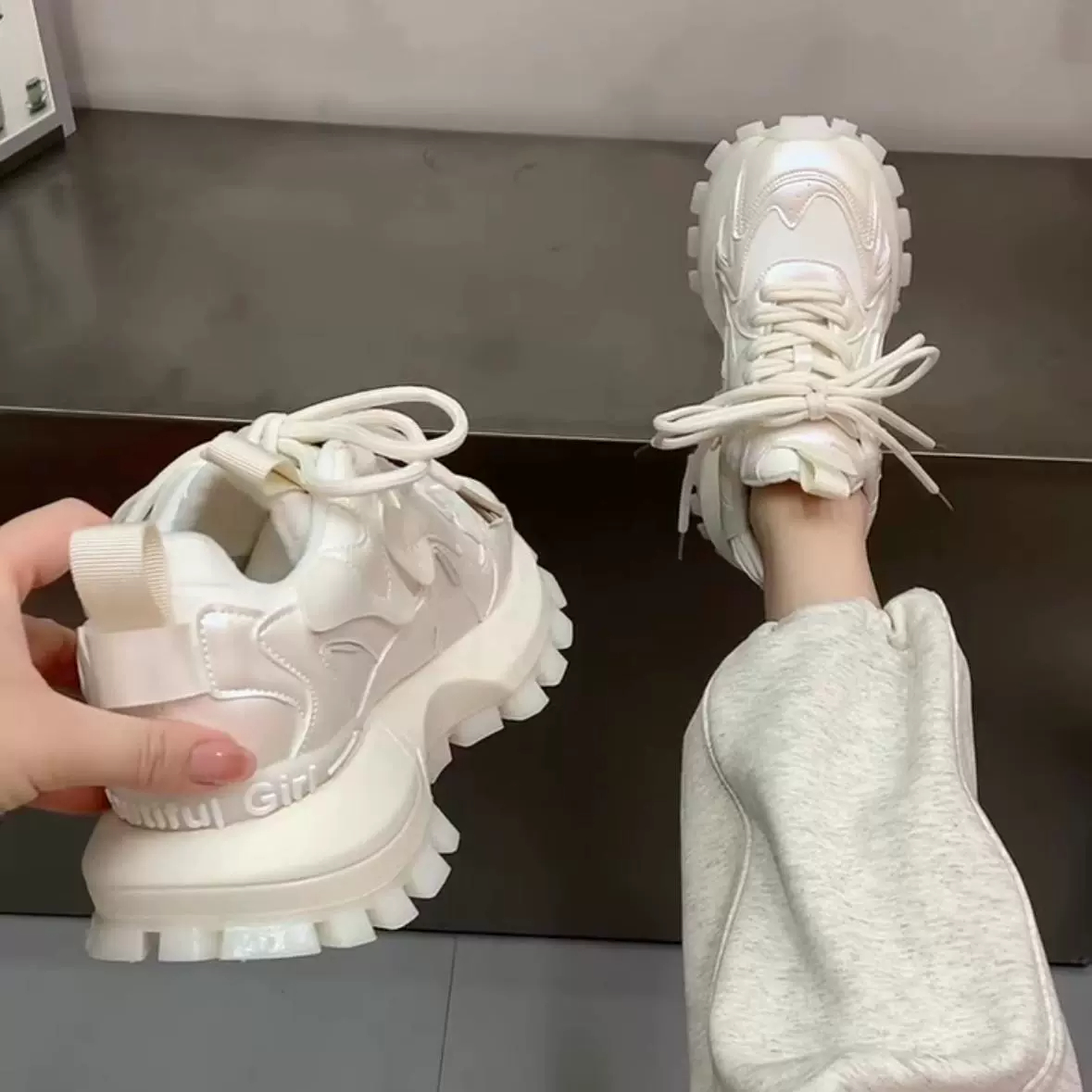 厚底拼色复古华夫阿甘鞋女