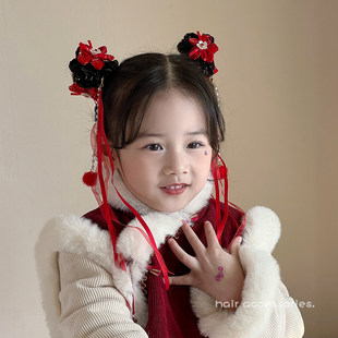 新年儿童国风假发辫子头饰红色珍珠毛球飘带发夹女童喜庆过年发饰