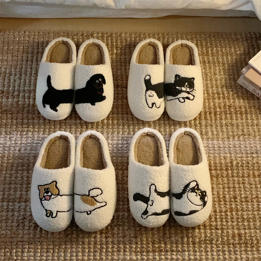 包头网红防滑家用保暖毛毛鞋秋冬创意可爱小猫小狗情侣棉拖鞋男女