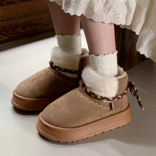 高级感雪地靴女士2025冬季新款时尚厚底防滑复古撞色外穿中筒棉靴