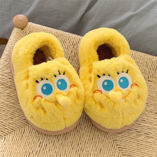 正版 保暖加绒棉拖鞋 男女居家防滑亲子休闲软底月子鞋 海绵宝宝冬季