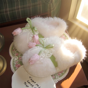 冬 少女心居家女士舒适包头棉拖鞋 保暖仙女风法式 郁金香蕾丝毛毛鞋