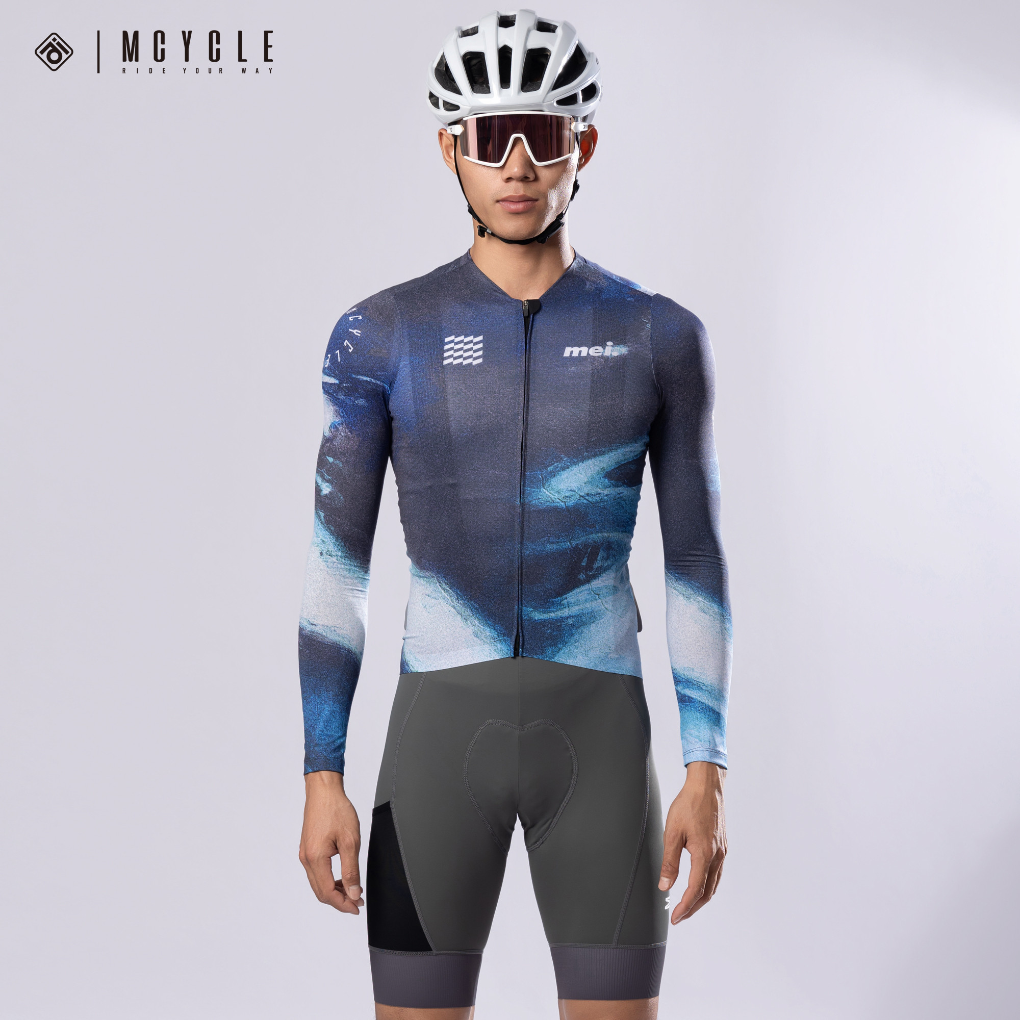 魅骑mcycle新款男骑行服长袖薄款春秋自行车公路服透气星空蓝