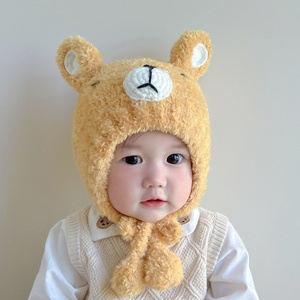 婴儿秋冬天帽子女宝宝男可爱小熊护耳帽婴幼儿冬季保暖毛线帽童帽