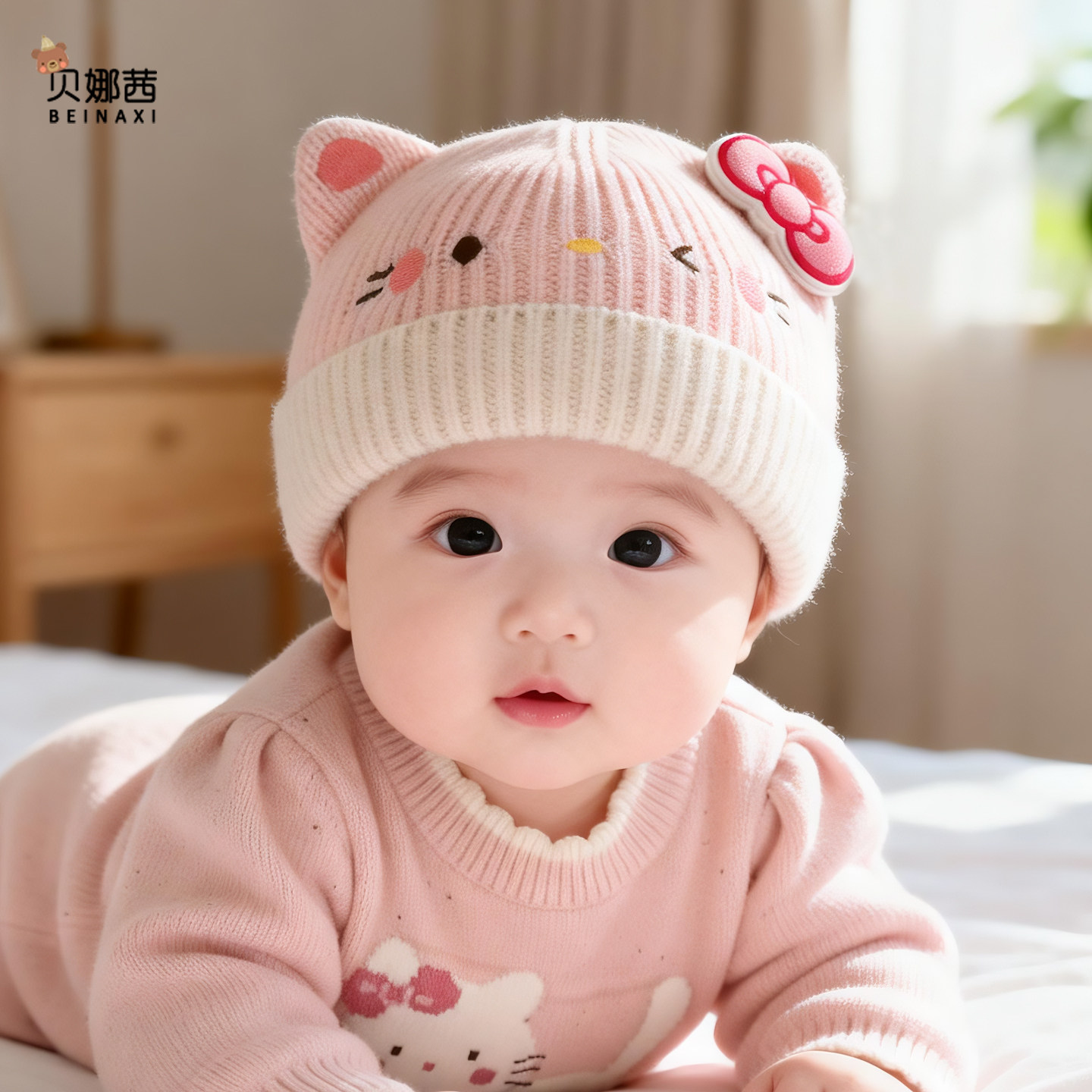 婴儿帽子秋冬季女宝宝可爱外出针织帽婴幼儿小月龄防风护耳毛线帽